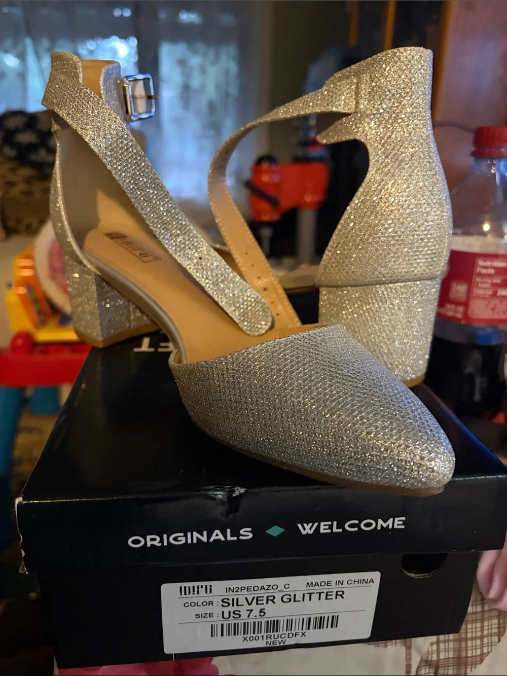 IDIFU Silver Glitter Pointed Block Heel Sandals with Ankle Strap